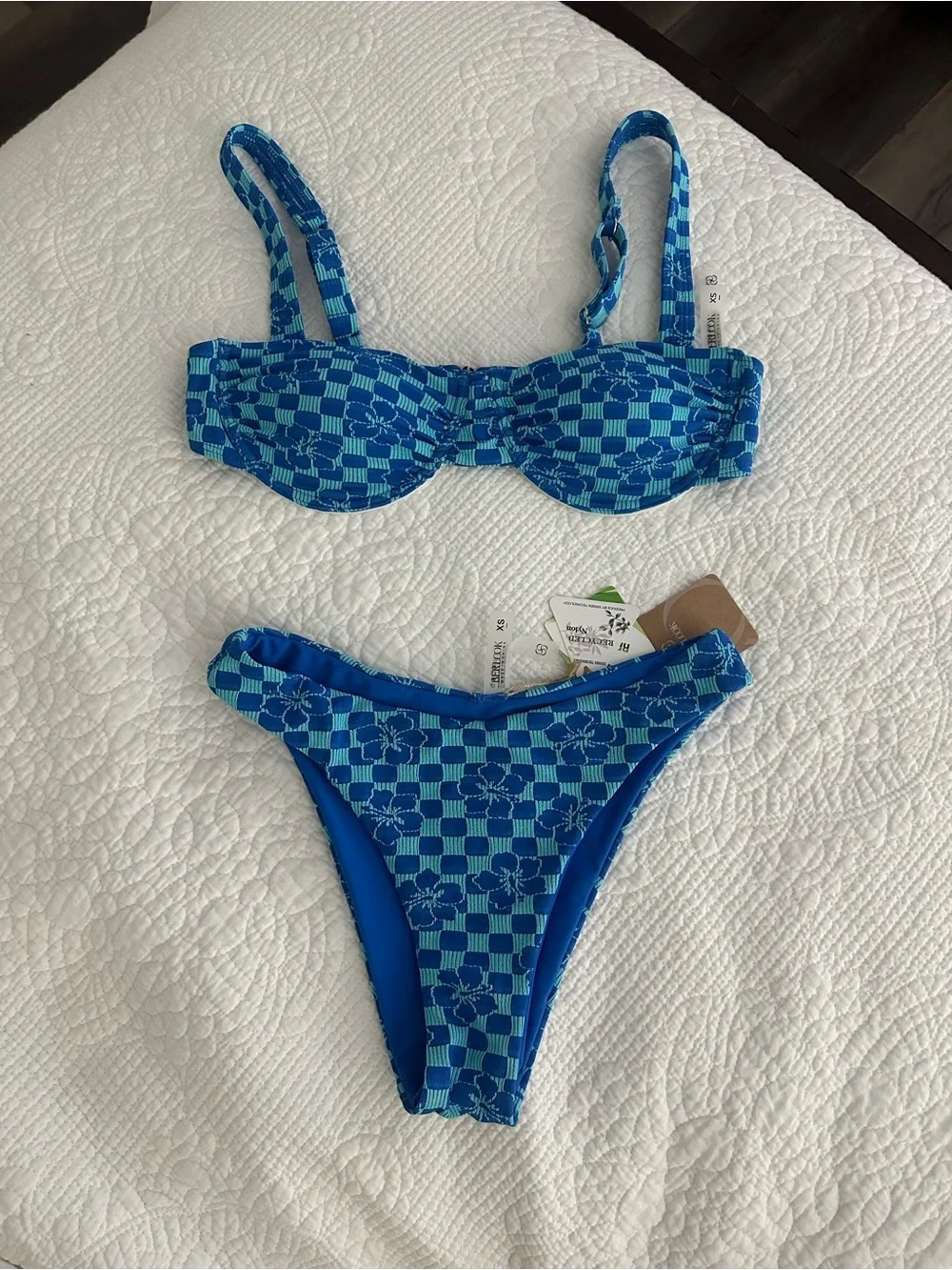 Blue Checkered Floral Bikini Set